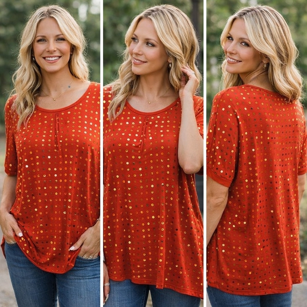 DG2 by Diane Gilman Orange Sequin Short Sleeve Tee